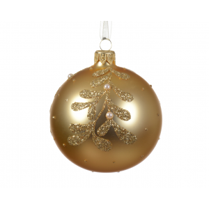 Złota bombka z brokatowym ornamentem i perełkami