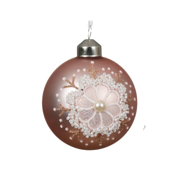 Bombka szklana z kwiatową aplikacją i perełką – Różowy blask