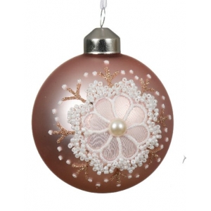 Bombka szklana z kwiatową aplikacją i perełką – Różowy blask